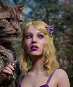 Ultra realistic afternoon photo, happy couple, blonde Alice woman and purple cat smoking a pipe, circus blue dress style, black headband with bow, old school body tattoo, smoke, marihuana garden, glow eyes, perfect iris, soft color, highly detailed, unreal engine 5, ray tracing, RTX, lumen lighting, ultra detail, volumetric lighting, high definition.