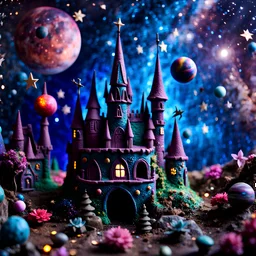 Detailed people, creepy castle made of modeling clay, stars, galaxy and planets, sun, volumetric light flowers, naïve, Tim Burton, strong texture, extreme detail, Max Ernst, decal, rich moody colors, sparkles, Harry Potter, bokeh, odd