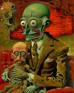 A surrealist painting in the distinctive style of Max Ernst, embracing Dada surrealism, with intricate and clear rendering of every aspect to ensure a deeply disturbing image. The painting features a deranged ventriloquist with wild, frenzied eyes and a twisted, manic smile. He holds a terrified dummy on his lap, made of wax-covered rubber, its eyes wide with fear and its mouth slightly ajar in a silent scream. Behind them, a strange demonic boy with deep red skin and bizarre proportions stands,