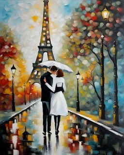 the oil painting,couple in love in paris- impressionism expressionist style oil painting,-impressionist impasto acrylic painting, thick layers of black and white textured paint,bright colors,oil white paint,black and white.