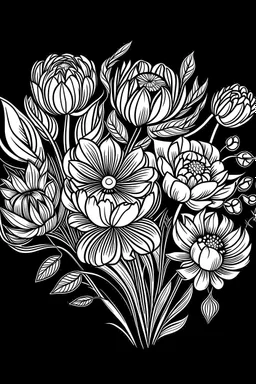 outline art for lutos flower bouquet coloring pages for kids 2 ages , black background, sketch style, full body, only use outline, clean line art