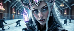 close up portrait of shiny ice priestess dark elf orc babe with lavender eyes and white silver hair, and with magical aura hockey staff, pin hole cam, master oil painting by Rembrandt, d&d glam rock and glitter vampire gremlin illithid and lich playing hockey in ice skating hall or church, in the style of giger and escher, sci fi with floating little saucers