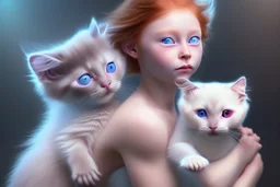 young red haired child with blue eyes lovingly cradles a regal blue eyed Siamese kitten in her arms, the two of them exuding an air of peace and grace. Modifiers: Award winning photography fantasy oil on canvas photorealistic very attractive dynamic lighting fantastic view ultra detailed cinematic postprocessing VRay neon Iridescent aesthetically perfect facial features Tesselated