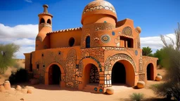 A beige monastery made out of terracotta designed in native American petroglyphs painted by Wassily Kandinsky