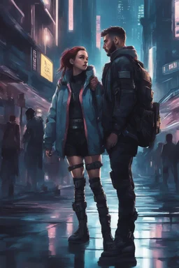 Science fiction, cyberpunk, city street, couple girl and guy, together, love at first sight