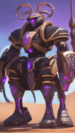 A close picture to Ramattra nemesis form egypt rob in overwatch art style with black color and neon purple details in the desert