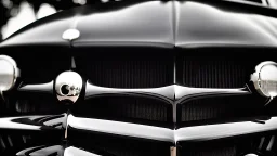 Photograph of a the front grill of a gorgeous, expensive, oldschool black sports car with a big, black front grill, realistic, stylish, taken up close from the front of the car.