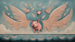 abstract painting, many pig with wings flying in the air over the sea, minimalist, bizarre, surreal, art brut, outsider art, a muted colors photo, pexels contest winner, 1940s, high quality photo,