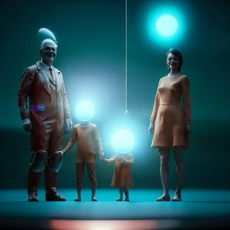 Ultra Realistic classic family portrait, living room. father. mother. daughter. alien pet. Little flying sphere drone. retro futuristic, minimal style, latex dress. smile, happy. highly detailed, concept art, unreal engine 5, ray tracing, RTX, lumen lighting, ultra detail, volumetric lighting, 3d, finely drawn, high definition, high resolution.