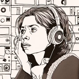 A. She looks lost in thought, her eyes fixed on a single spot on the wall as she listens intently to the low-quality recording on the tape player in front of her. The noise and distortion of the recording seem to match the turmoil in her mind, as she struggles to make sense of the confusing and conflicting ideas swirling around her. As the male vocal enters, the woman's eyes flicker u