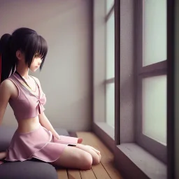 Anime girl studying in room, window, nature, anime style, unreal engine 5, studio lighting