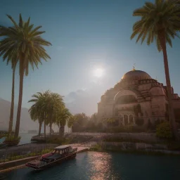 Sultanahmet, spring, sunset, fantasy art, waterfall, palms, lake and blue sky, realistic, unreal engine 5, octane render, cinema4d