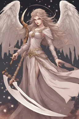 Dahlia, angel of righteous demise, Traces with her scythe a five-pointed star— A prison to bind the demon in his tracks. Raising her blade to the gloomy skies, She invokes her sacred, fearsome role— "I am the goddess of the dead and damned!"