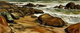 A brown shoreline with rocks painted by Edvard Munch