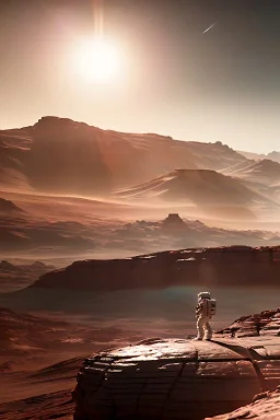 Martian landscape, intricate details, astronaut in foreground, futuristic city in the distance