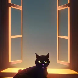 cama, amanecer, ventana, esperanza, gato negro, acostado