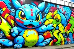 a graffiti mural wall with the word cell pokemon style