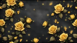 Hyper Realistic grungy multicolored small yellow roses border with fireflies background with rustic black jeans texture & vignette effect