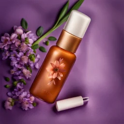 a small bottle for cosmetics on a beautiful floral background, high-quality picture, top view