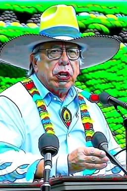 Ilustración vectorial de Gustavo Petro con gorra camisa colores negro, blanco y rojo, fondo negro