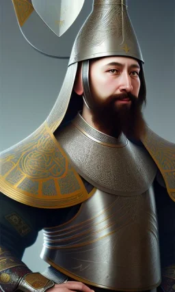 Islamic army commander from the Mamluk era, chin, shield, sword, helmet, mare , full body, cinematic, 8k, resolution concept art portrait by Greg Rutkowski, Artgerm, WLOP, Alphonse Mucha dynamic lighting hyperdetailed intricately detailed