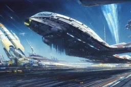 Spaceship starting from a Spaceport on a heavy industrialized planet, art by John Berkey, insanely detailed, vibrant, 8k uhd, ultra-wide angle, street level view