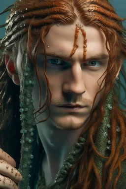 wet pirate nereid male with fish scale skin and seaweed braids in long auburn hair