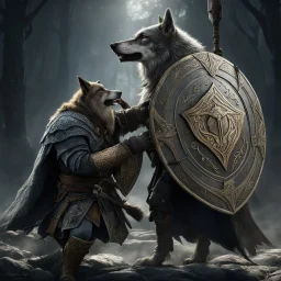 Assassins Creed Eivor Wolf-Kissed Viking aesthetic, Eivor in battle with ornate wolf design shield protecting himself from a Friar's morningstar attack, Unreal Engine 5, hyperrealism, dark fantasy, shield-core, beautiful, dramatic, cinematic, stunning