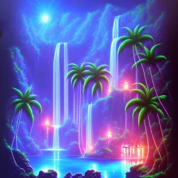 turquoise neon waterfall with palm trees sparkling at night in a cave detailed realistic glowing