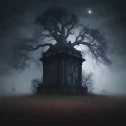 Hyper Realistic Haunted Dark observatory between a Field & dry old tree at heavy foggy night