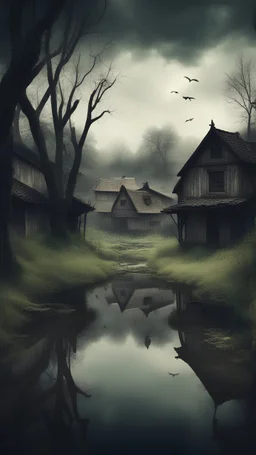 Old village with a pond in the middle of nature in the style of a horror film