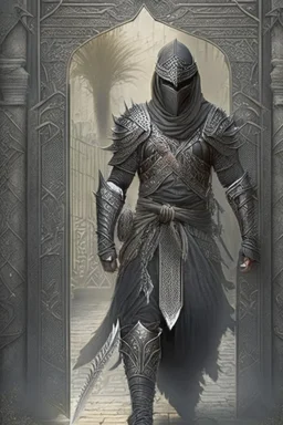 Arab warrior Full Body Full Armored Wearing Face Masculine Mysterious Powerful Fantasy High Quality with his bow black clothes Standing in front of a gate