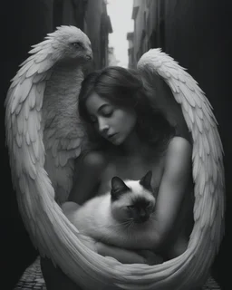 Prompt: An closeup portrait of a ultra-realistic black-and-white cinematic photograph with dramatic chiaroscuro lighting and a soft depth-of-field, inspired by fine art street photography. A guardian-like angelic woman with large, detailed wings crouches protectively in a narrow cobblestone alley, gently holding a sleeping Oriental Shorthair Siamese chocolate point cat in a clearly protective and caring posture, conveying safety, warmth, and compassion. The alley is enclosed by tall urban buildi