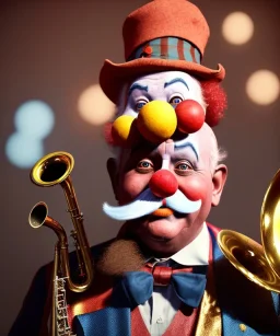 happy old friendly clown with round head and trimmed beard playing jazz with a steampunk theme, trumpet on mouth, circus,dreamy