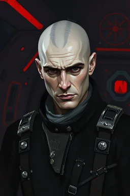 rough style painting of a cowboy male umbaran. he has a shaved head. His skin is grey pale and his eyes are dark. He is in a dark and red spaceship room. He wears black imperial suit.