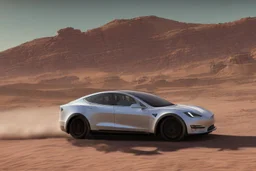 A Tesla 'Model Y' is drifting at high speeds, in Mos Eisley on the planet Tatooine. (CINEMATIC, WIDE ANGLE LENS, PHOTO REAL)