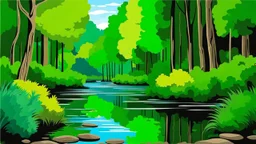 A peaceful scene of a river flowing through a lush, green forest. The water is calm, and the surrounding trees and bushes create a picturesque, natural environment, paint by Monet style.