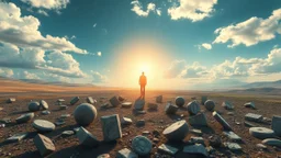 "A serene landscape where broken objects are scattered around, but the central figure stands calm and glowing, radiating peace and understanding."