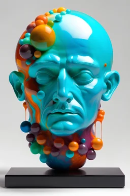 a head with three spheres on top of it the third sphere has holes in it with marbles melting out of shades of turquoise, orange magenta greens, and Blues. His mind is melting marbles.