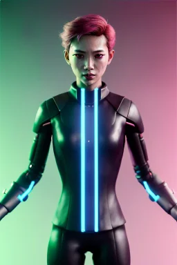 Waist up shot photo, thriller style, Asian cyborg woman :: symmetry photography, cyberpunk, pink hair, makeup, long line eye, light iris, :: latex coat, wires and circuits, pink, white, black :: cinematic, Ultra realistic, dark scene, soft color, highly detailed, unreal engine 5, RTX, ultra detail, 3d, finely drawn, high definition.