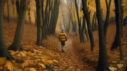 a person walking through a wooded path covered with fallen autumn leaves