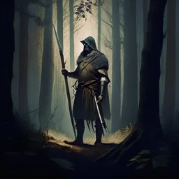 A medieval peasant armed with a spear. full body. Standing in front of a shadowy forest.