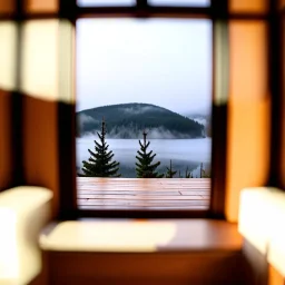 A polaroid photo of an odd room. There is a group of fir trees in the background and a high hill in the distance. A lake. The surface below is in a pastel color. Fog is present.