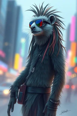 transparent sleek weasel rasta man with cute fur, in big cyberpunk city crossover, volume light and motion blur, airbrush and pen outline