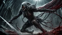 a horrifying ghost warrior attacking with a black sword. brutal carnage on a battle field. fantasy setting. h.r. giger. alien armor fused to the skin. blood. broken armor. gloves. intense horror. blind terror. scared to death. a masterpiece, fantasy concept art, dynamic lighting, hyperdetailed, intricately detailed, deep color, Unreal Engine, volumetric lighting, Epic cinematic brilliant stunning intricate meticulously detailed dramatic atmospheric maximalist digital matte painting