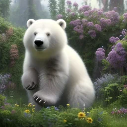 pixar style, volumetric summer garden environment and background, realistic painting of an polar bear, looking excited, volumetric lighting, dramatic lighting, detailed digital painting, extreme dense and fine fur, anime, ornate, colour-washed colors, elegant, small minutiae, tiny features, particulars, centered, smooth, sharp focus, renderman gofur render, 8k, uhd, detailed eyes, realistic shaded volumetric lighting, sunlight caustics, backlight, centered camera view