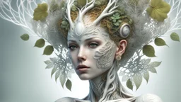3D render ultra detailed of a beauty white glossy, swoman DRYAD, from knee to head, biomechanical cyborg, analog, 35 mm lens, beautiful natural soft rim light, big leaves and stems, roots, fine foliage lace, colorful details, samourai, earring, heavely tattoed, intricate details, mesh wire, mandelbrot fractal, facial muscles, cable wires, microchip, badass, hyper realistic, ultra detailed, octane render, volumetric lighting, 8k post-production, red and white, detailled metalic bones, semi human
