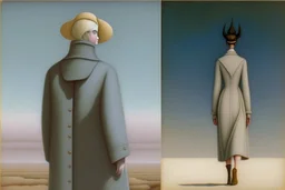 two gender-neutral people seen from behind walking side by side in an empty foggy plain, above there is blue sky by artist "Leonora Carrington",by artist "Christian Schloe",by artist "Kay Sage"