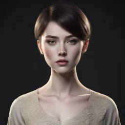 ((young woman pale skin)), dark background, mid shot, full body, neutral expression, short hair, ultra realistic, highres, superb, 8k wallpaper, extremely detailed, intricate, limited palette,