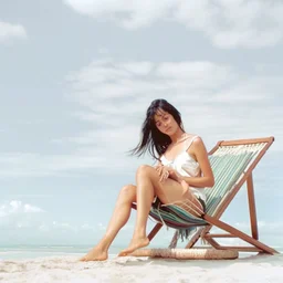 mujer sentada en una hamaca de madera en la playa, fotografía real, fotografía realizada con un cámara Fuji y objetivo de 35mm, fotografía en blanco y negro, tono años 60